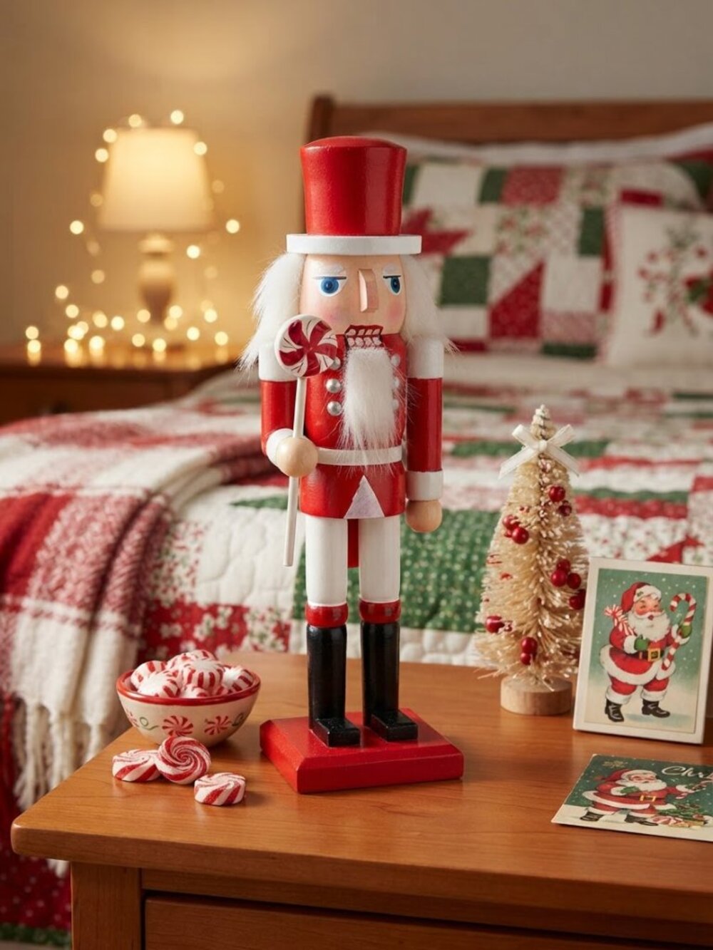 Small Red White Peppermint Nutcracker Figurine Wooden Christmas Tabletop Decor